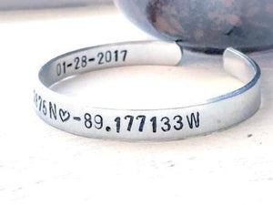 Custom cuff bracelet coordinates, Destination latitude longitude gifts - Hand Stamped Trinkets Jewelry