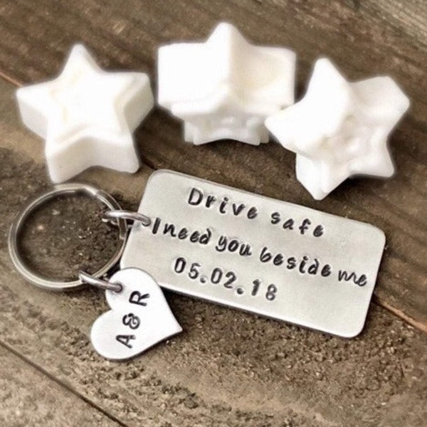 Hand Stamped Trinkets Keychain Drive Safe I need You Beside Me Key Ring