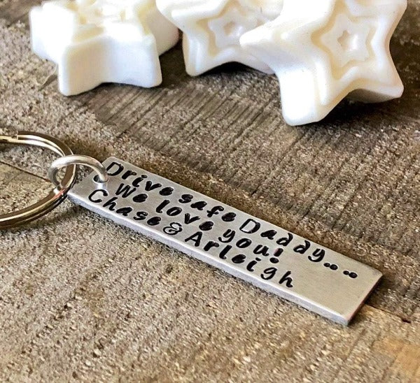 Hand Stamped Trinkets Keychain Personalized Drive Safe Daddy | Fathers Day Gift