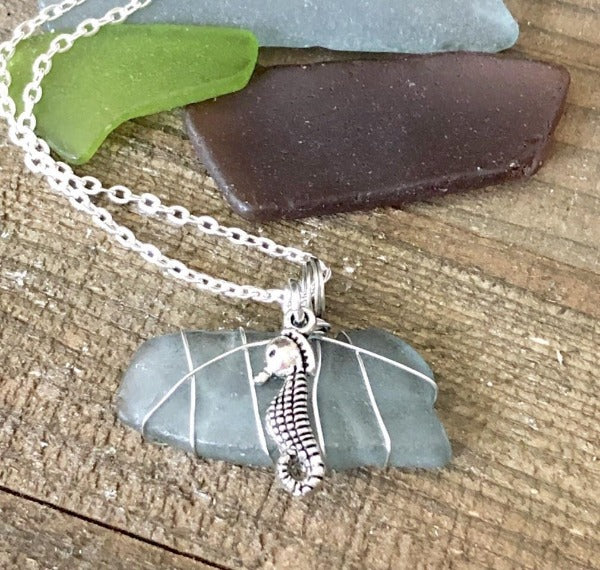 Green Sea Glass Necklace with Seahorse Charm Hand Wrapped - Hand Stamped Trinkets Jewelry
