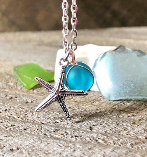 Hand Stamped Trinkets Necklace Seaglass Marble and Starfish Necklace - Blue Green Sea Glass