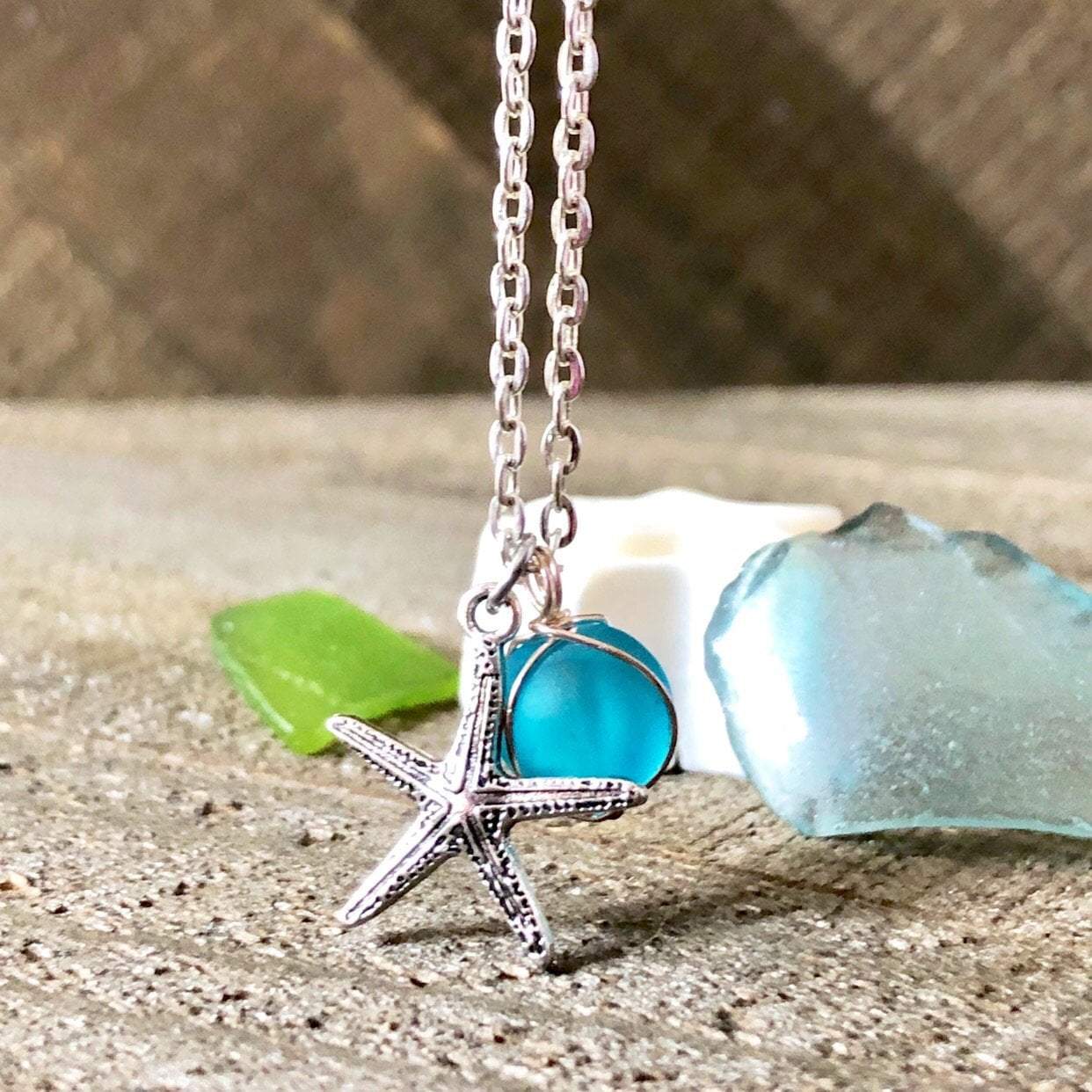 Hand Stamped Trinkets Necklace Seaglass Marble and Starfish Necklace - Blue Green Sea Glass
