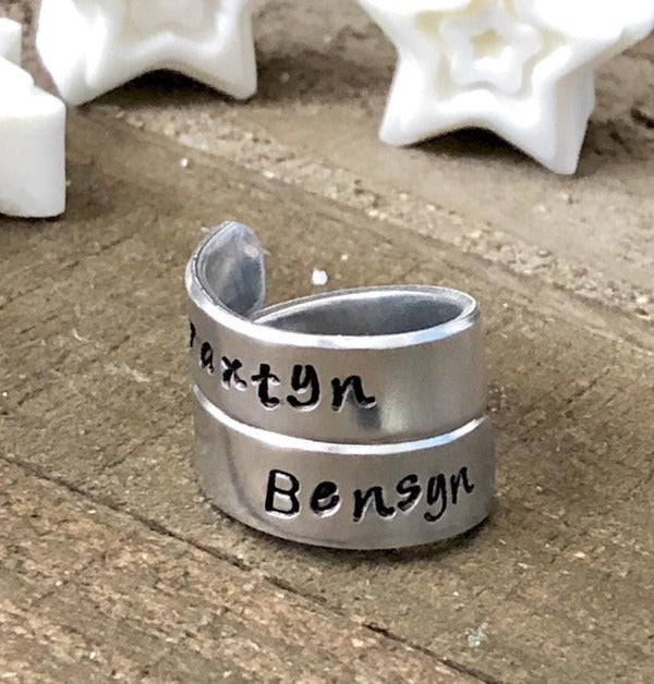 Hand Stamped Trinkets Rings Personalized Adjustable Double Wrap Boho Name Rings