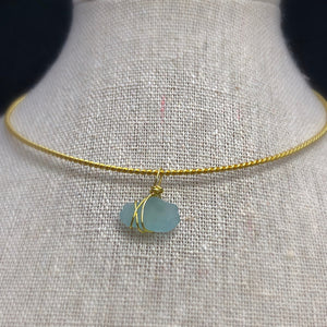 Aquamarine choker necklace sea glass pendant • Wire wrapped ocean necklace