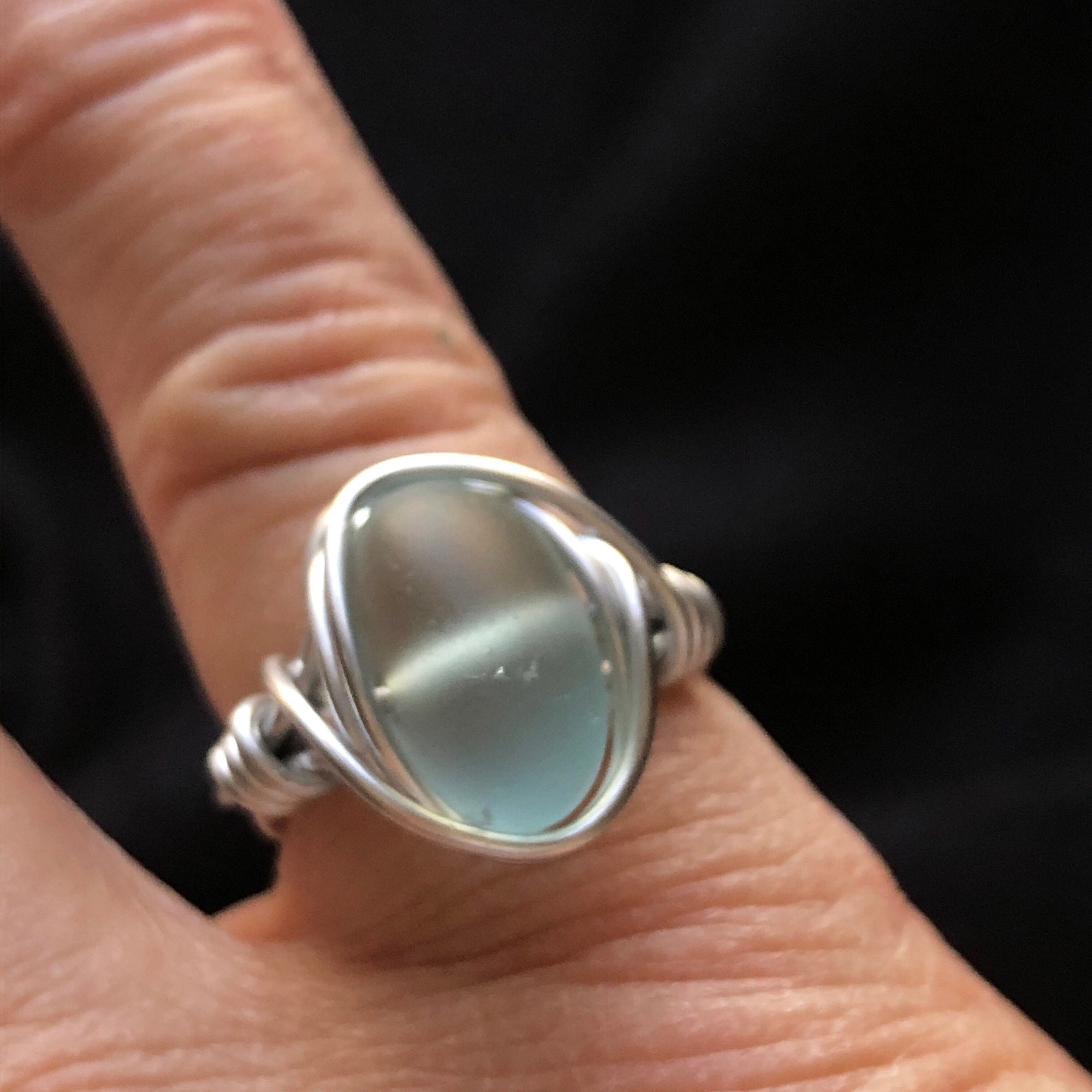 Aquamarine Hand Wire Wrapped Sea Glass Ring