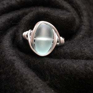 Aquamarine Hand Wire Wrapped Sea Glass Ring