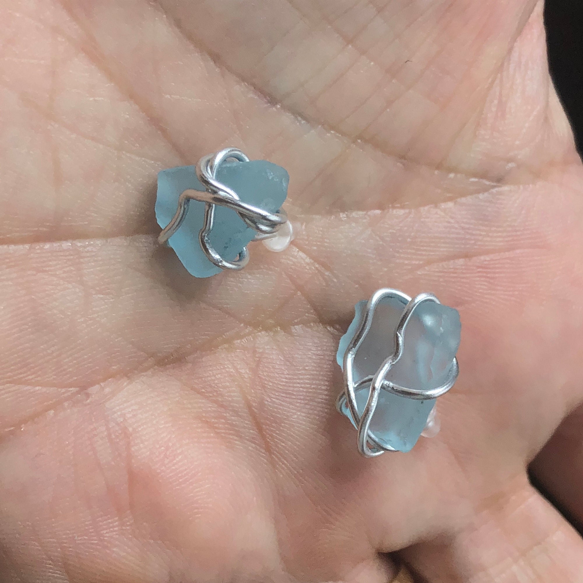 Aquamarine stud earrings sea glass - hand wire wrapped