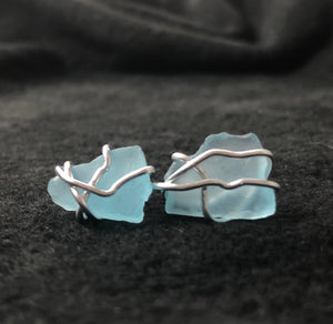 Aquamarine stud earrings sea glass - hand wire wrapped