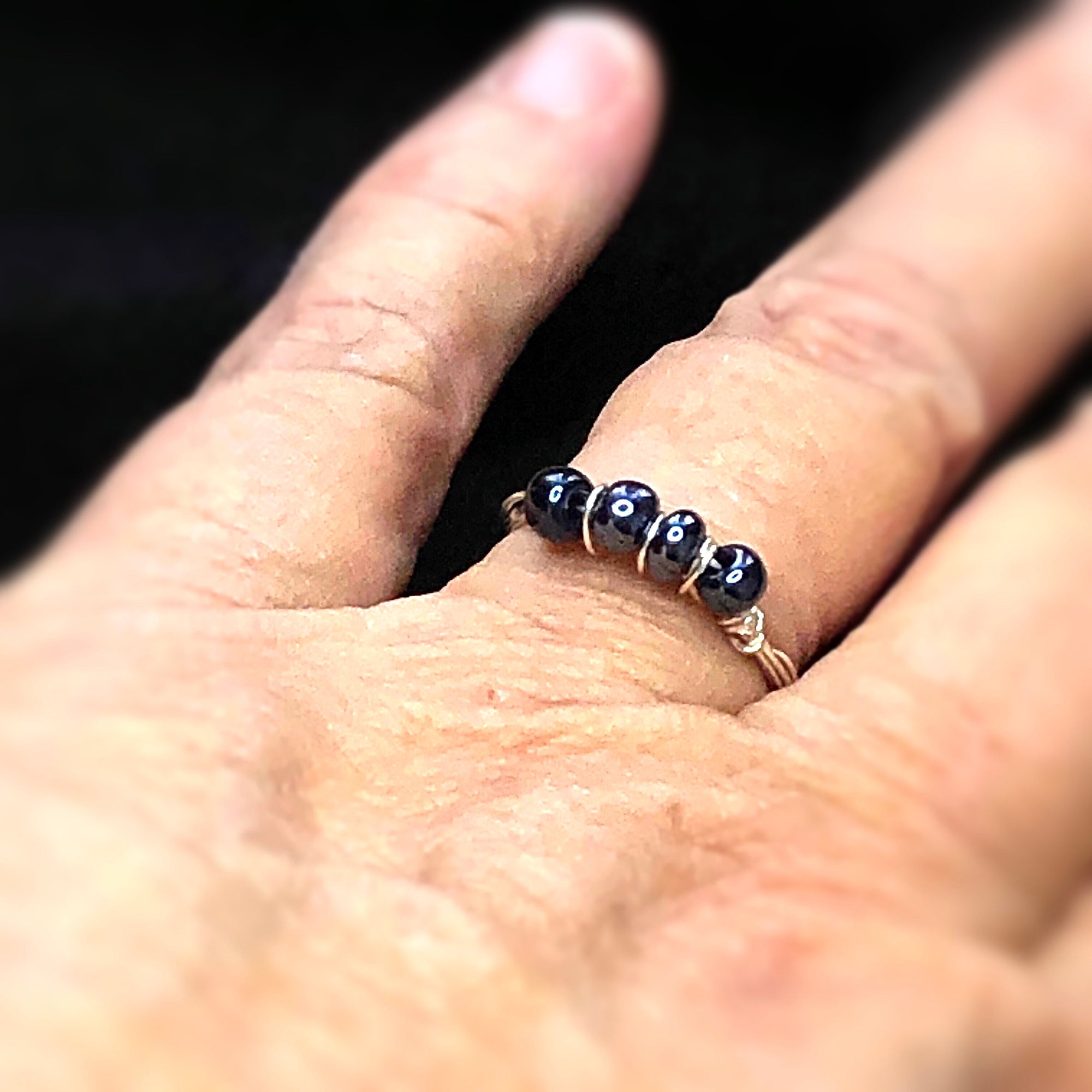 Black rainbow obsidian stone ring • Iridescent black & silver ring gift for her • Black obsidian ring silver • Waterproof obsidian ring