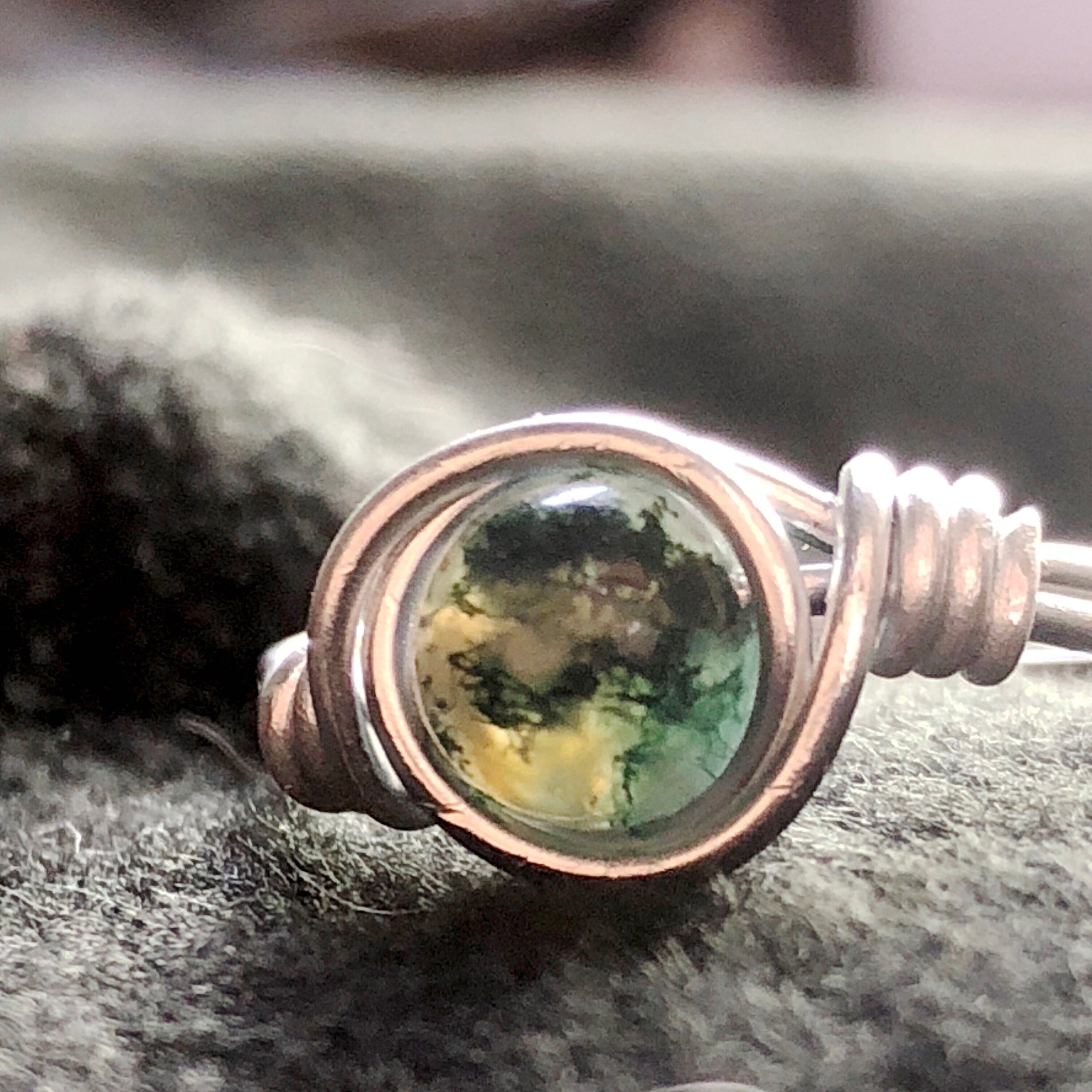 Natural crystal moss agate solitaire ring - silver, gold or copper color band