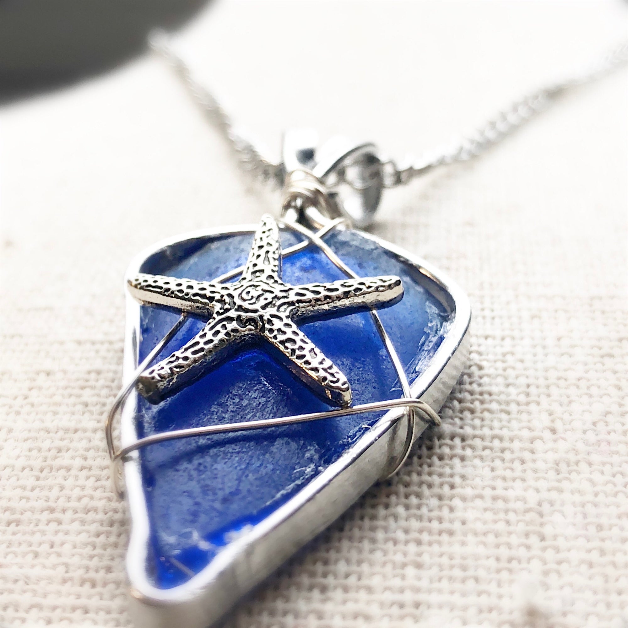 Ocean Dreams blue sea glass and starfish necklace pendant jewelry