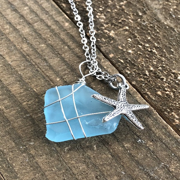 Ocean Blue Sea Glass and Starfish or Mermaid Wire Wrapped Necklace