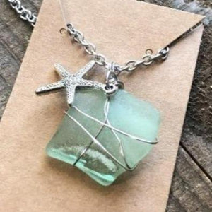 Green Sea Glass and Starfish Wire Wrapped Necklace